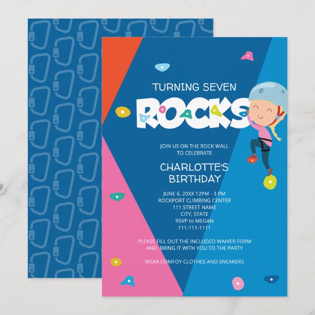 Cute Girl Rock Climbing Birthday Invitation (Front/Back)