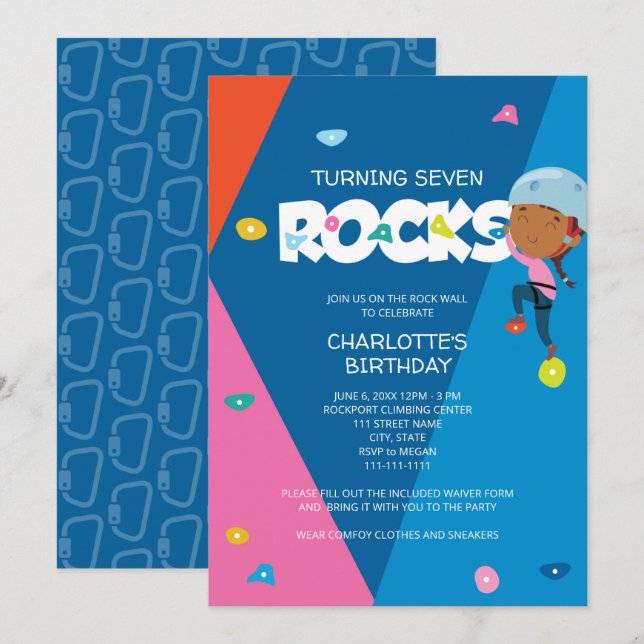Cute Girl Rock Climbing Birthday Invitation (Front/Back)