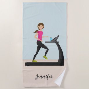 Cute Girl Running And Custom Name Fitness Beach Towel