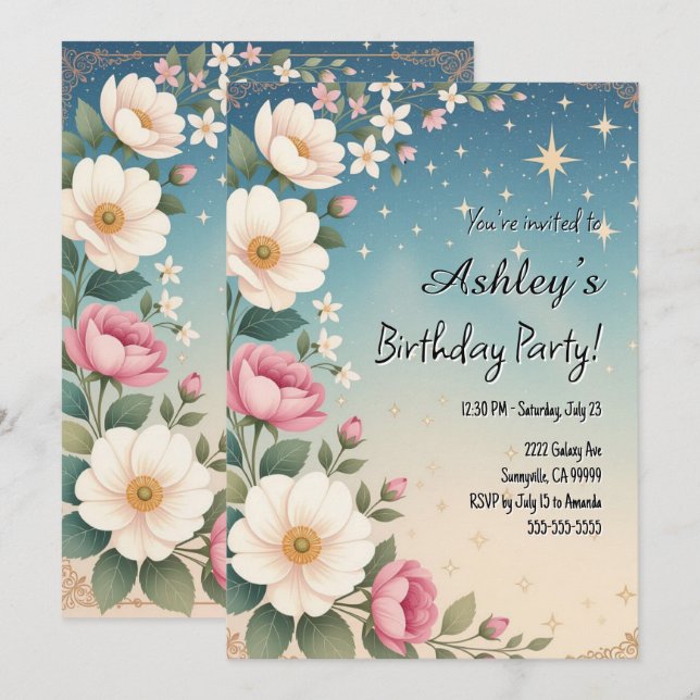 Cute Girl’s Space & Flower Themed Birthday Party  Invitation (Front/Back)