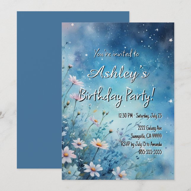 Cute Girl’s Space & Flower Themed Birthday Party  Invitation (Front/Back)