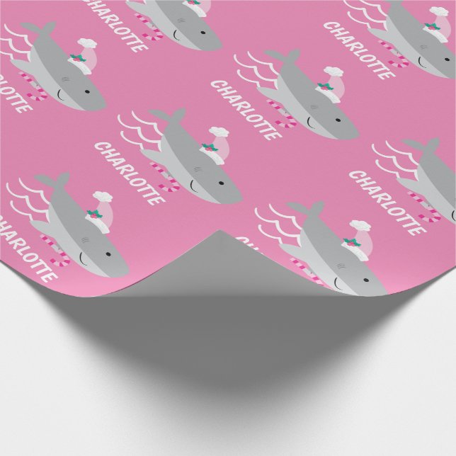 Cute Girl Santa Shark With Name Wrapping Paper (Corner)