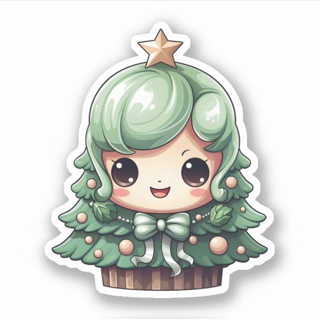 Cute Girl Smiling Green Kawaii Christmas Tree (Front)