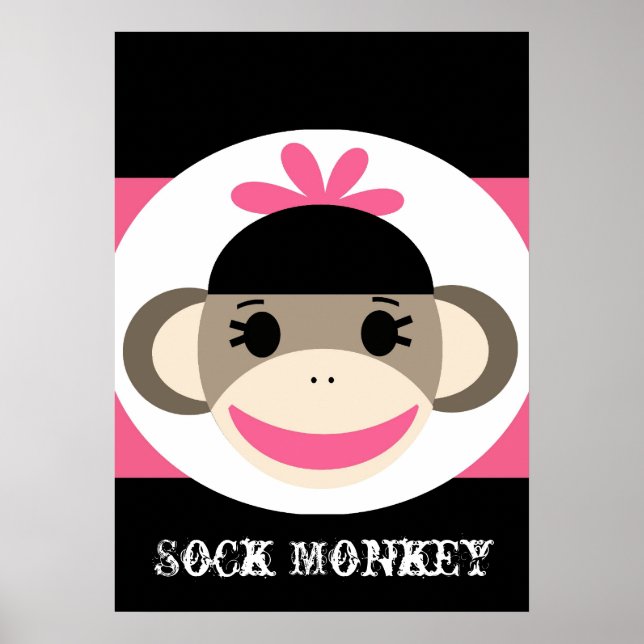 Cute Girl Sock Monkey Black Pink Stripes Poster (Front)