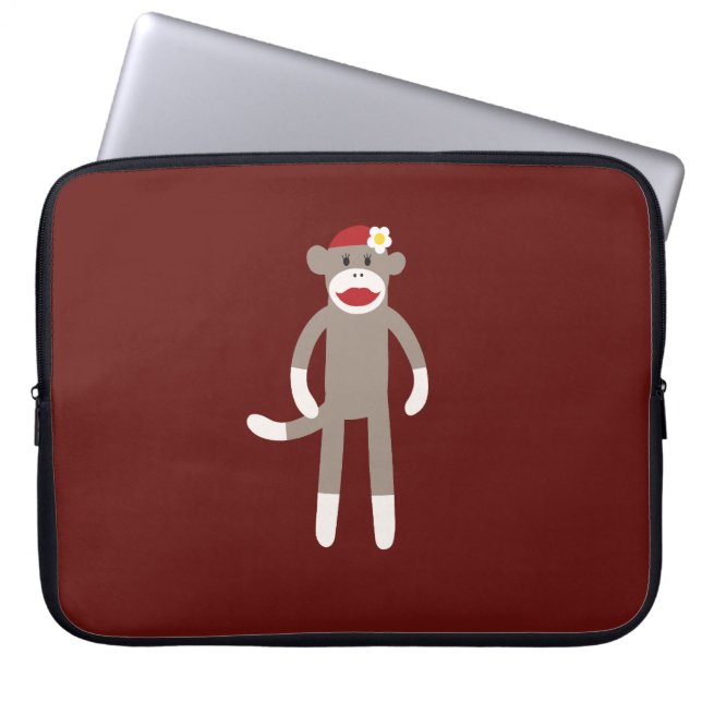 Cute Girl Sock Monkey on Red Laptop Sleeve (Front)