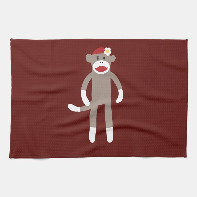 Cute Girl Sock Monkey on Red Tea Towel (Horizontal)