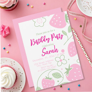Cute Girl Strawberry Pink Birthday Party  Invitation