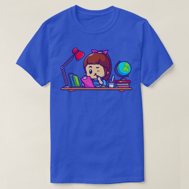 Cute Girl Study With Books Cartoon T-Shirt (Design Front)