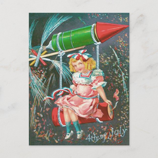Cute Girl Swing Bottle Rocket Firecracker Postcard (Front)