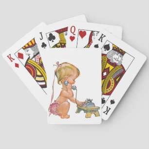 Cute Girl Talking on Phone Playing Cards