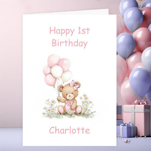 Cute Girl Teddy Bear 1st Birthday Card