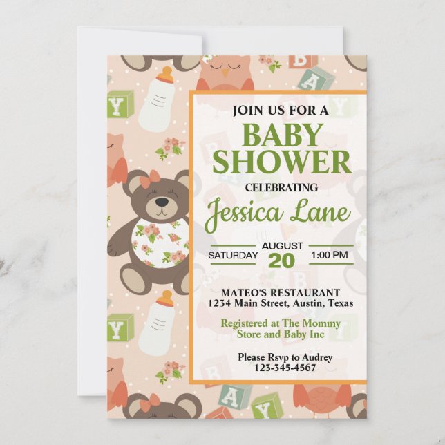Cute Girl Teddy Bear Baby Shower Invitation (Front)