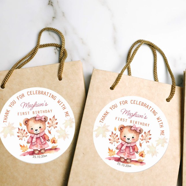 Cute girl teddy bear fall birthday thank you favou classic round sticker (Cute teddy bear in a jacket birthday party favor  thank you sticker girls birthday pink fall theme)