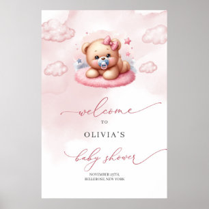 Cute girl teddy bear over the cloud welcome poster