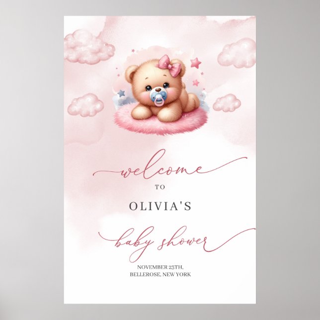 Cute girl teddy bear over the cloud welcome poster (Front)