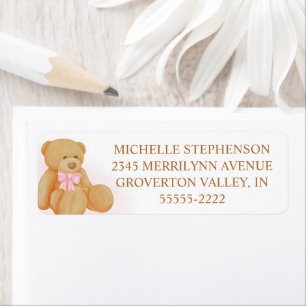 Cute Girl Teddy Bear Pink Bow Label