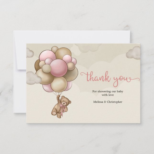 Cute girl teddy bear pink brown beige balloons thank you card (Front)