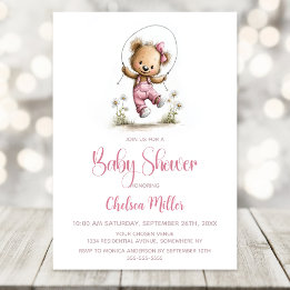 Cute Girl Teddy Bear Playing Jump Rope Baby Shower Invitation