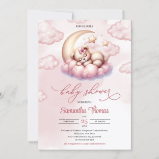 Cute girl teddy bear sleeping over the moon invitation