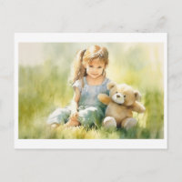 Cute Girl Teddy Bear Watercolor Illustration
