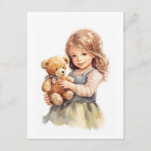 Cute Girl Teddy Bear Watercolor Illustration Postcard