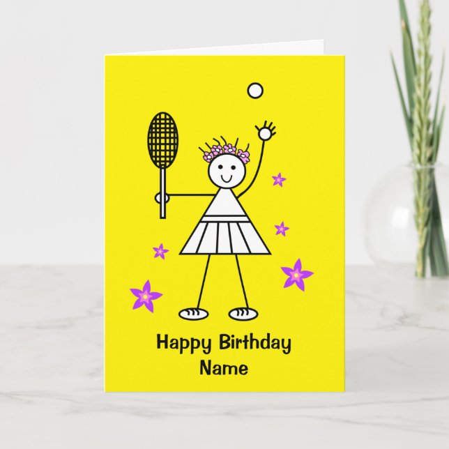 Cute Girl Tennis Player Yellow Birthday Card (Front)