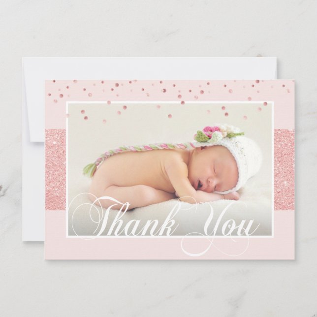 Cute Girl THANK YOU Pink Rose Glitter | PHOTO Announcement (Front)