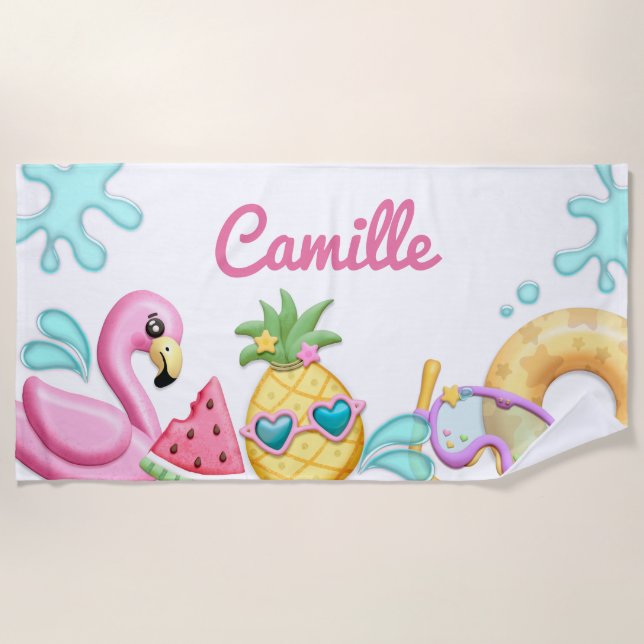 Cute Girl Tropical Flamingo Personalised Beach Towel (Front)