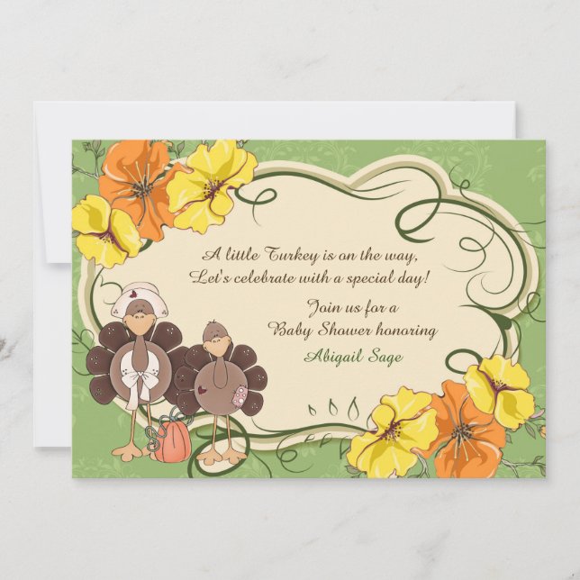 Cute Girl Turkey Thanksgiving Baby Shower Invitation (Front)