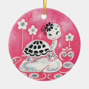 Cute Girl Turtle With Flowers And Swirls Ceramic Tree Decoration