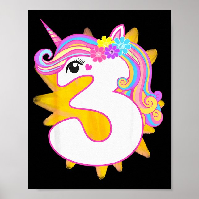 Cute Girl Unicorn 3rd Birthday Party Three Years O Poster (Front)