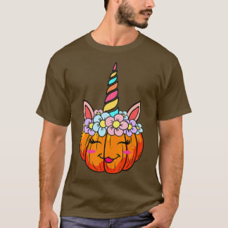 Cute Girl Unicorn Pumpkin Flower Halloween Thanksg T-Shirt