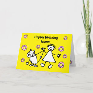 Cute Girl Walking Dog Birthday Card