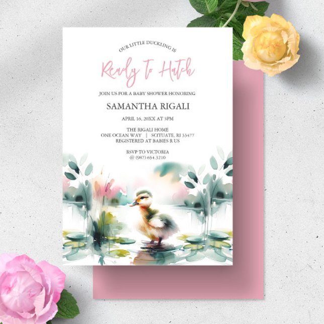 Cute Girl Watercolor Duck Baby Shower Invitation (Duck baby shower invitations for girl feature pastel watercolor art exclusive to Do Tell A Belle)