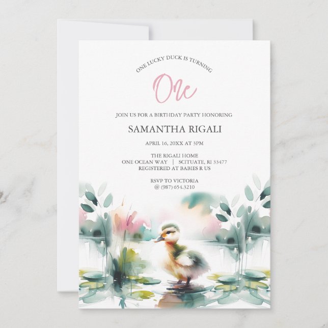 Cute Girl Watercolor Duck Birthday Party Invitation (Front)