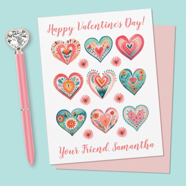 Cute Girl Watercolor Valentine Hearts Card (A cute kids classroom valentines day card. Personalize it with your childs name.)