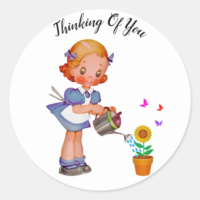 Cute Girl Watering Sunflower Thinking Of You Classic Round Sticker (Front)