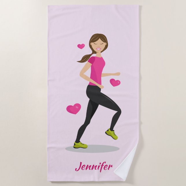 Cute Girl Who Loves To Run Illustration & Name Beach Towel (Front)