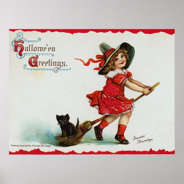 Cute Girl Witch On Broom Vintage Halloween Poster (Front)