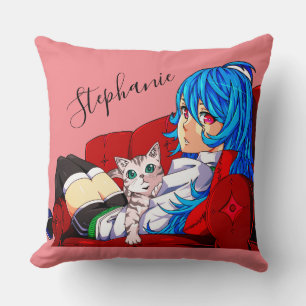 Cute Girl With A Cat Personalised  Cushion
