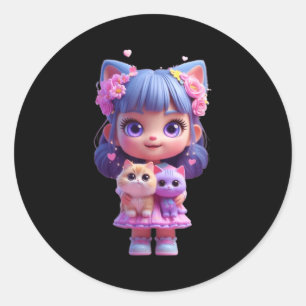 Cute girl with a friendly cat funny unisex design classic round sticker