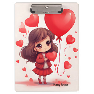Cute Girl with a Red Heart Valentines Day Clipboard