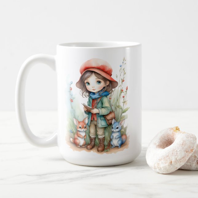 Cute Girl with Animal Friends in Woods Coffee Mug (With Donut)