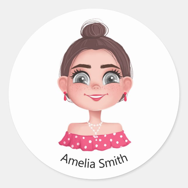 cute girl with big eyes classic round sticker (Front)