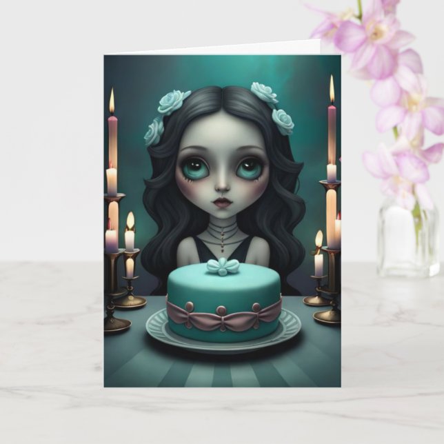 Cute girl with birthday cake, birthday card  (Orchid)