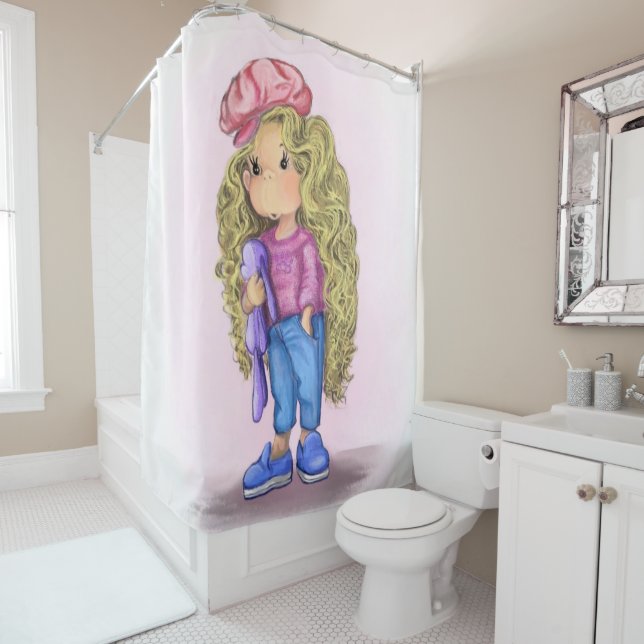 Cute Girl with Bunny Toy Shower Curtain (In Situ)
