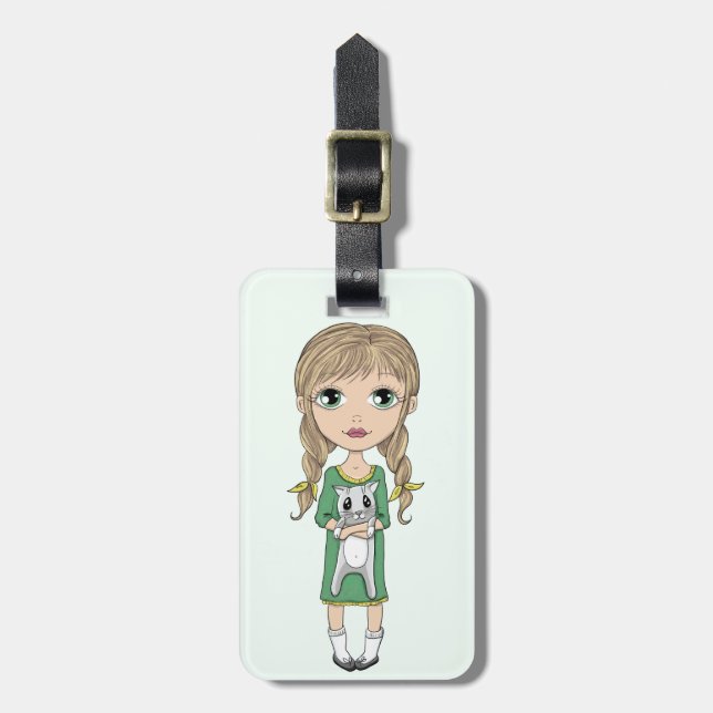 Cute Girl with Cat Personalised Luggage Tag (Front Vertical)