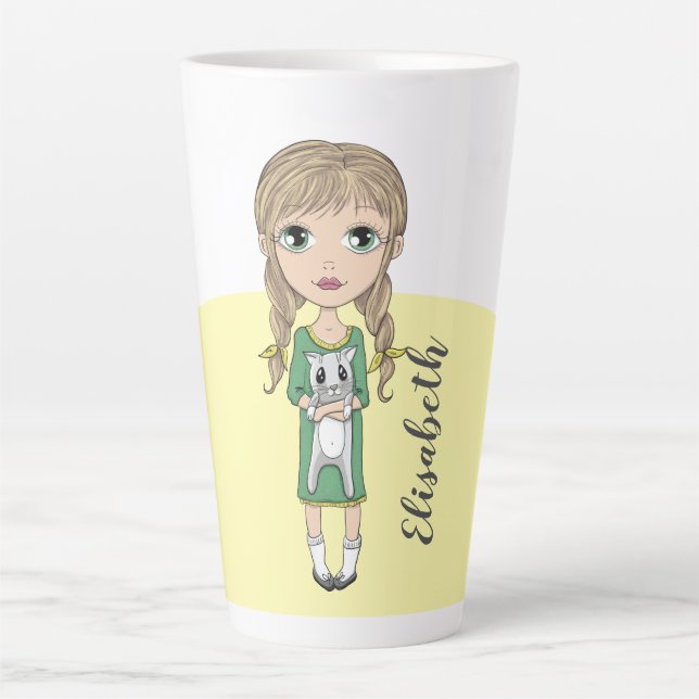 Cute Girl with Cat Personalised Tall Latte Mug (Front)