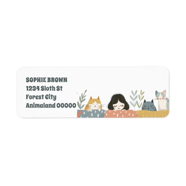 Cute Girl with Cats Whimsical Return Address (Front)