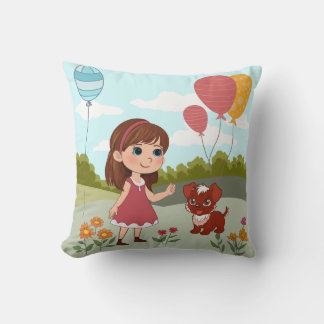 Cute Girl with Dog & Balloons Cushion
